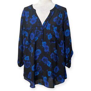 Torrid Harper Size 3X Black Blue Floral Blouse Roll Tab Sleeve Sheer Top V-Neck